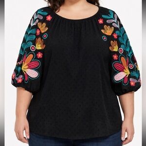 Savanna Jane Black Lined Colorful Boho Embroidered Swiss Dot Blouse